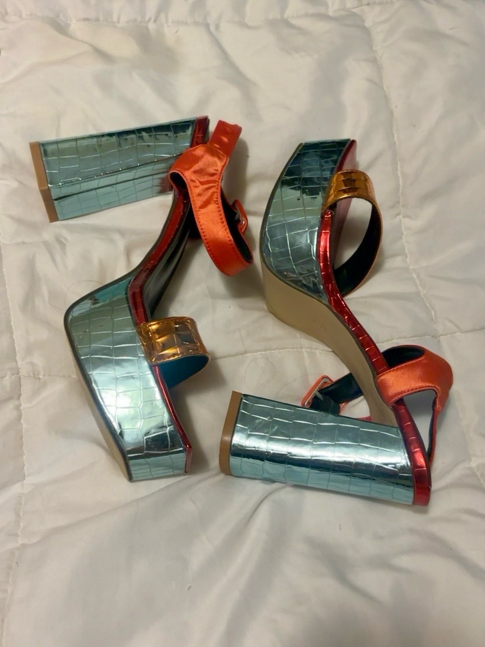 Metallic Blue Croc-Embossed Platform Sandals with Orange Satin Straps